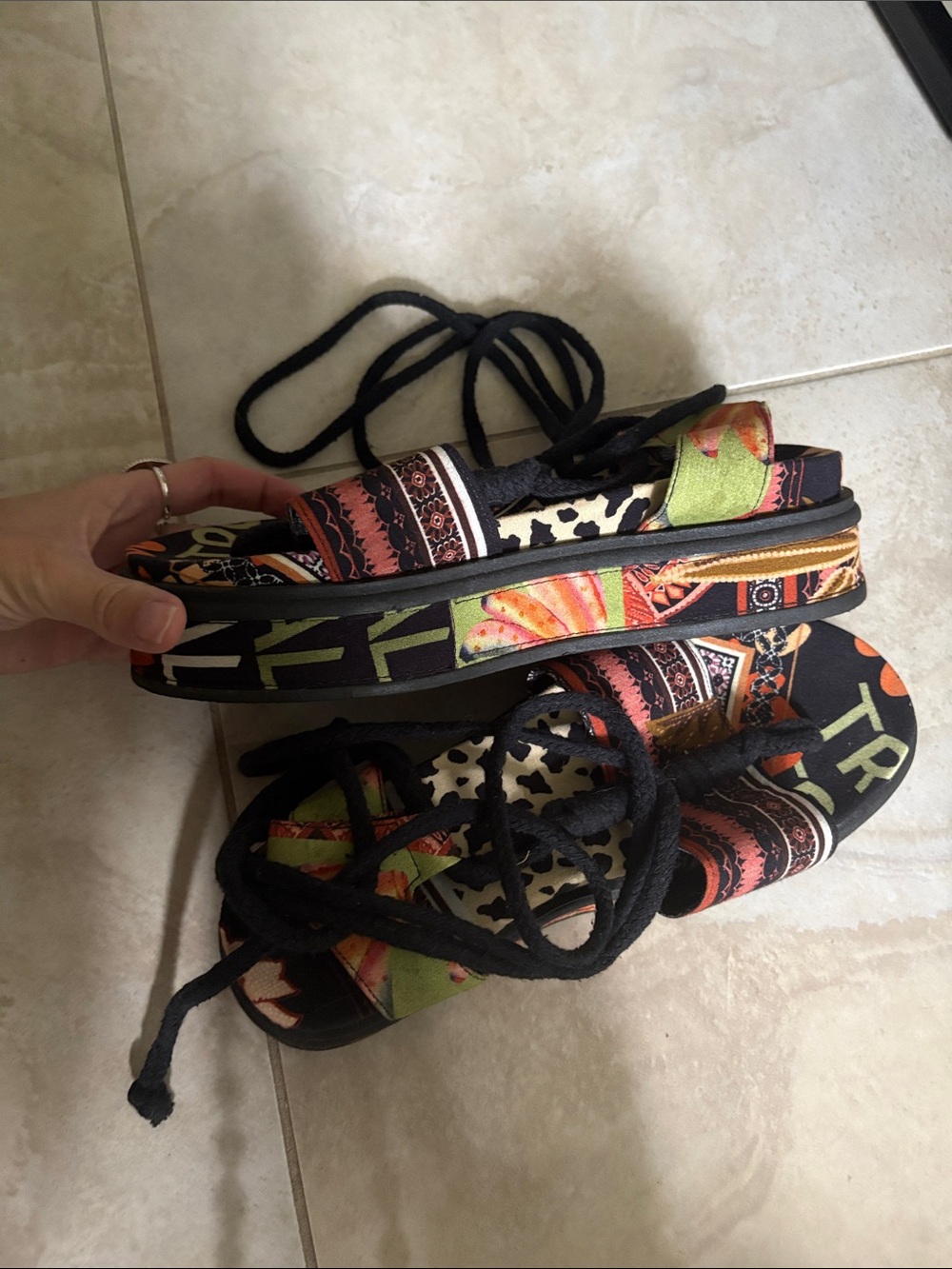 Brazil Farm Rio Inspired Multi-Color Patterned Lace-Up Sandals - Picture 5 of 6